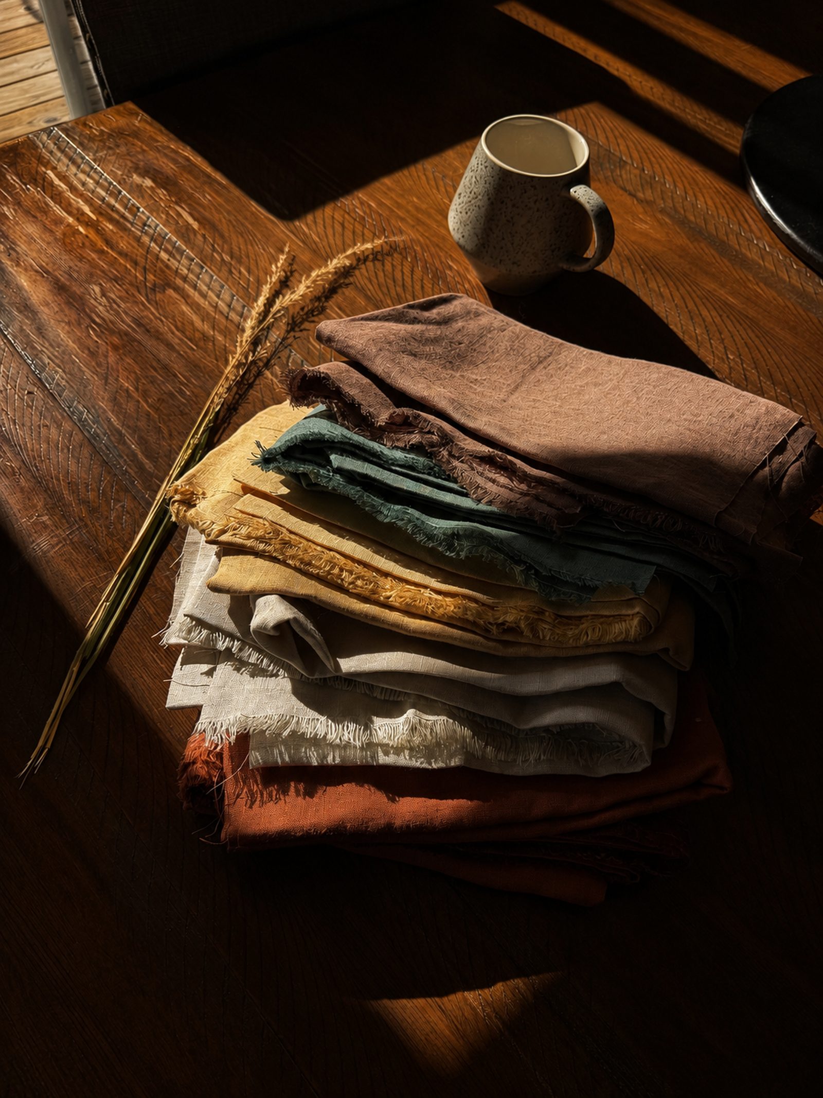 Hand-dyed linen napkins stacked on a cedar table